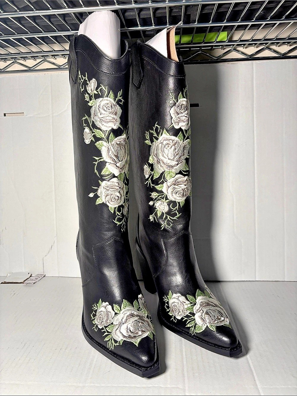 Floral Embroidered Over-the-Knee Boots in Black Size 8M